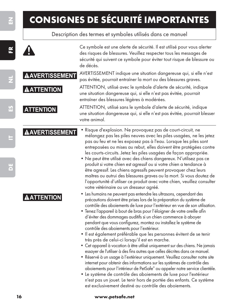 Consignes de sécurité importantes | Petsafe Deluxe Outdoor Bark Control User Manual | Page 16 / 80