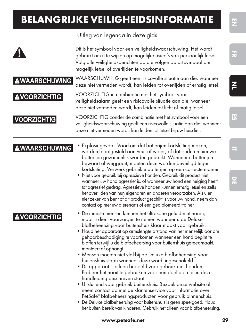 Belangrijke veiligheidsinformatie | Petsafe Deluxe Outdoor Bark Control User Manual | Page 29 / 80