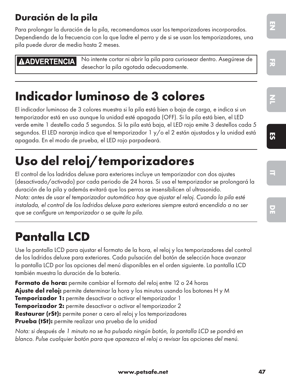 Indicador luminoso de 3 colores, Uso del reloj/temporizadores, Pantalla lcd | Duración de la pila | Petsafe Deluxe Outdoor Bark Control User Manual | Page 47 / 80