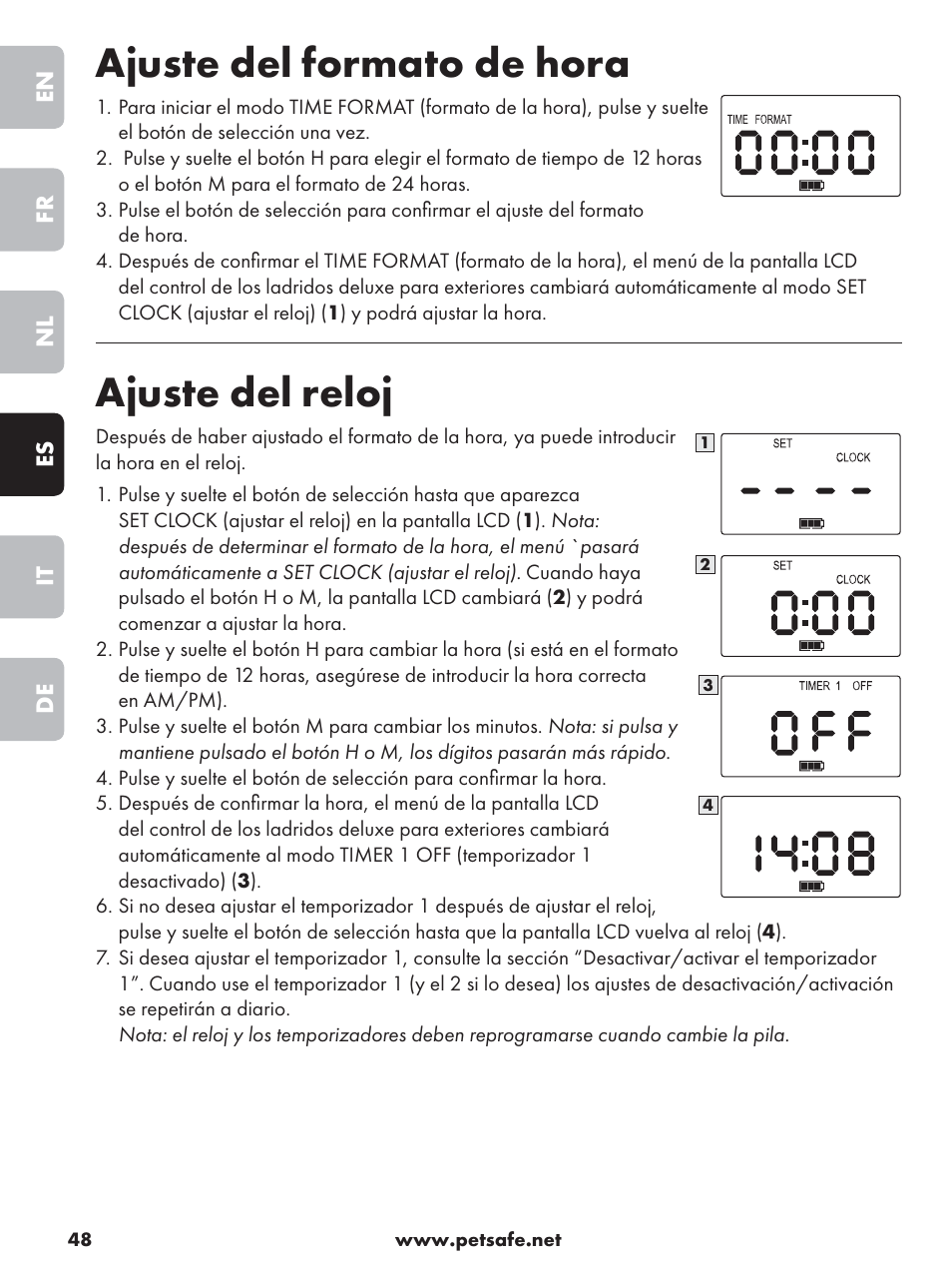 Ajuste del formato de hora, Ajuste del reloj | Petsafe Deluxe Outdoor Bark Control User Manual | Page 48 / 80