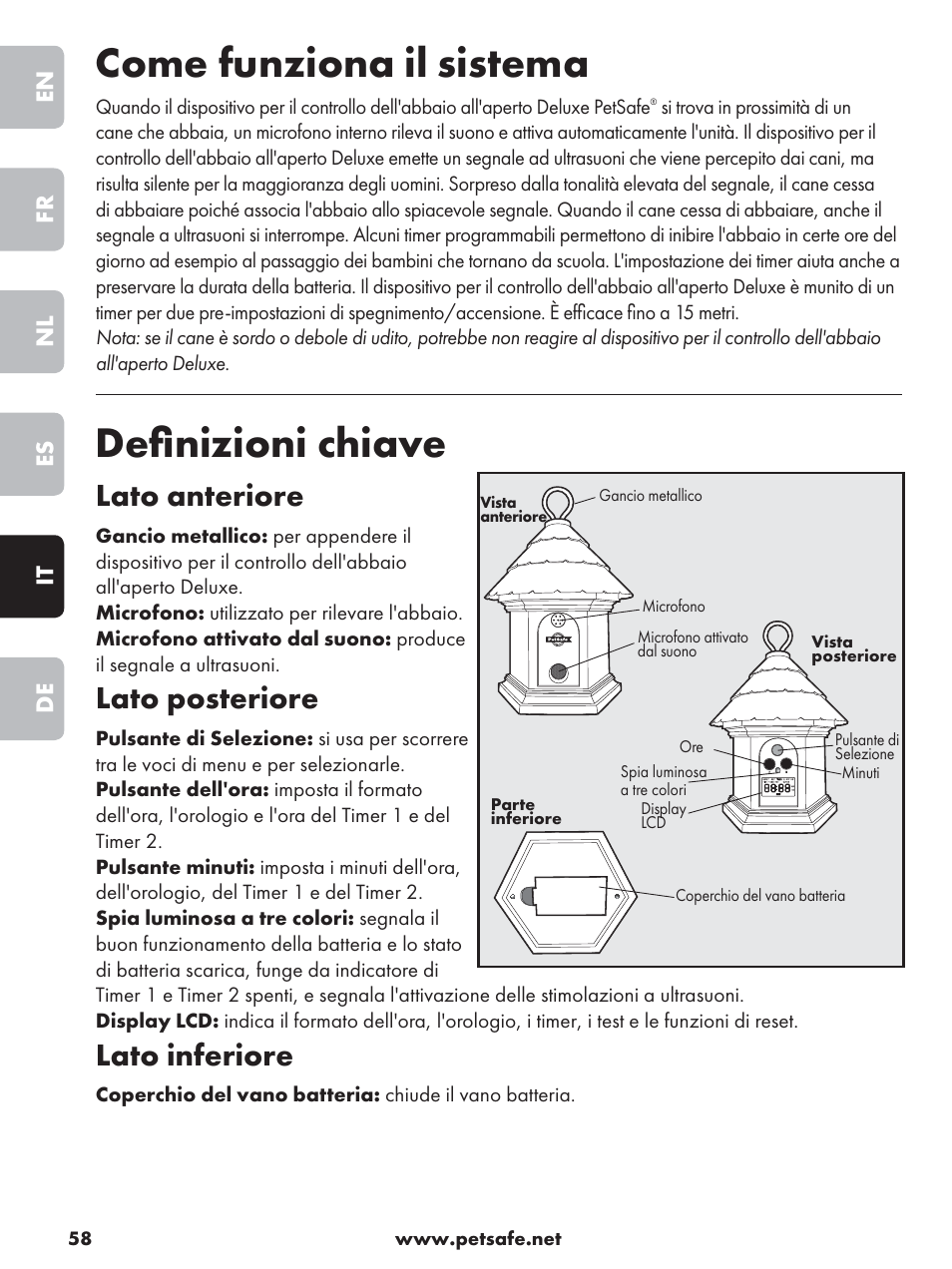 Come funziona il sistema, Deﬁ nizioni chiave, Lato anteriore | Lato posteriore, Lato inferiore, En fr nl es it de | Petsafe Deluxe Outdoor Bark Control User Manual | Page 58 / 80