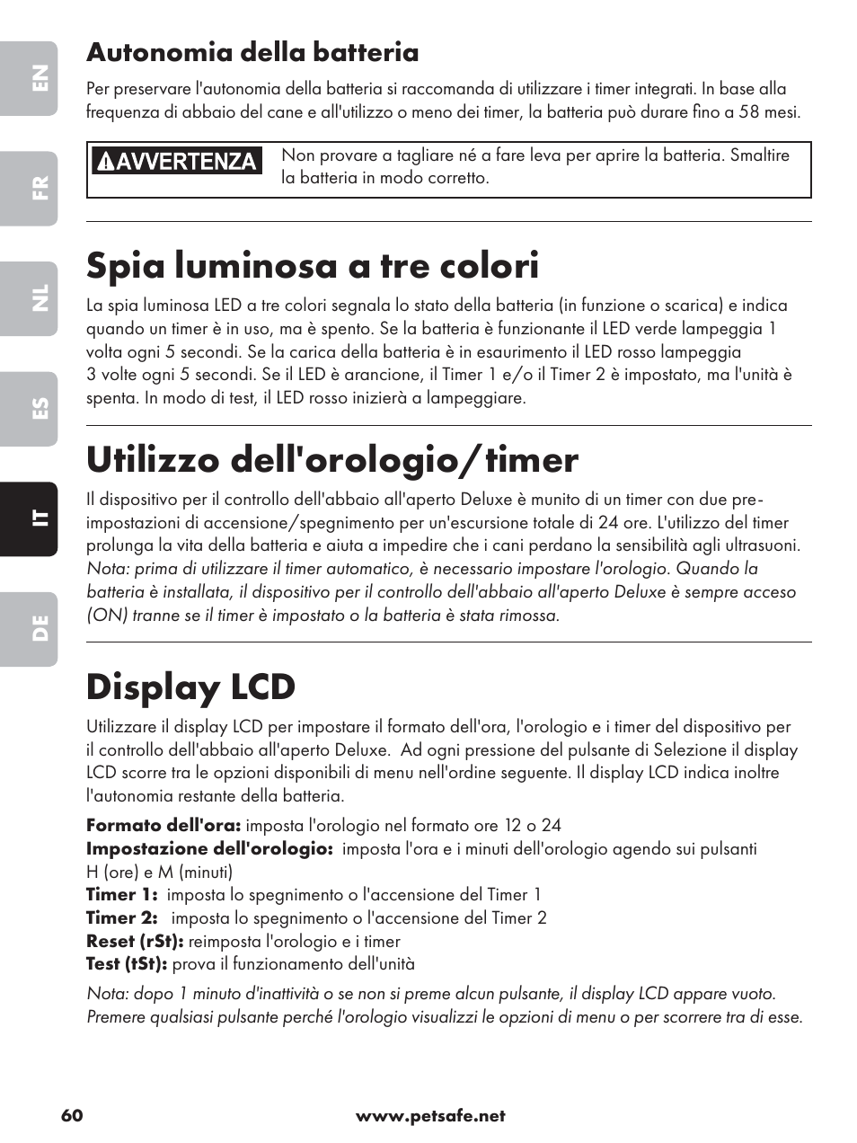 Spia luminosa a tre colori, Utilizzo dell'orologio/timer, Display lcd | Autonomia della batteria | Petsafe Deluxe Outdoor Bark Control User Manual | Page 60 / 80