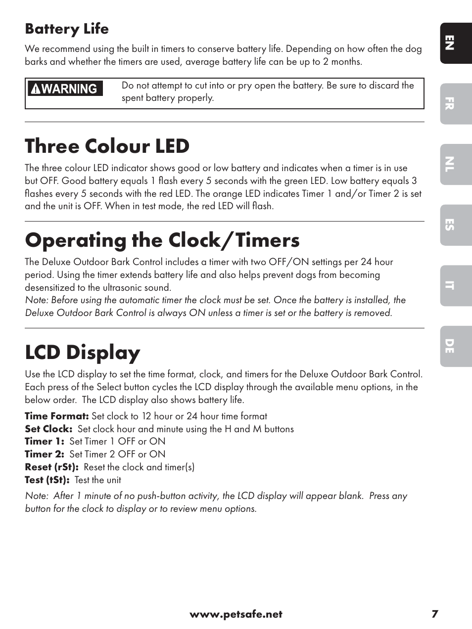 Three colour led, Operating the clock/timers, Lcd display | Battery life | Petsafe Deluxe Outdoor Bark Control User Manual | Page 7 / 80