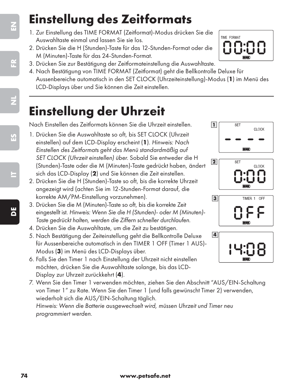 Einstellung des zeitformats, Einstellung der uhrzeit | Petsafe Deluxe Outdoor Bark Control User Manual | Page 74 / 80