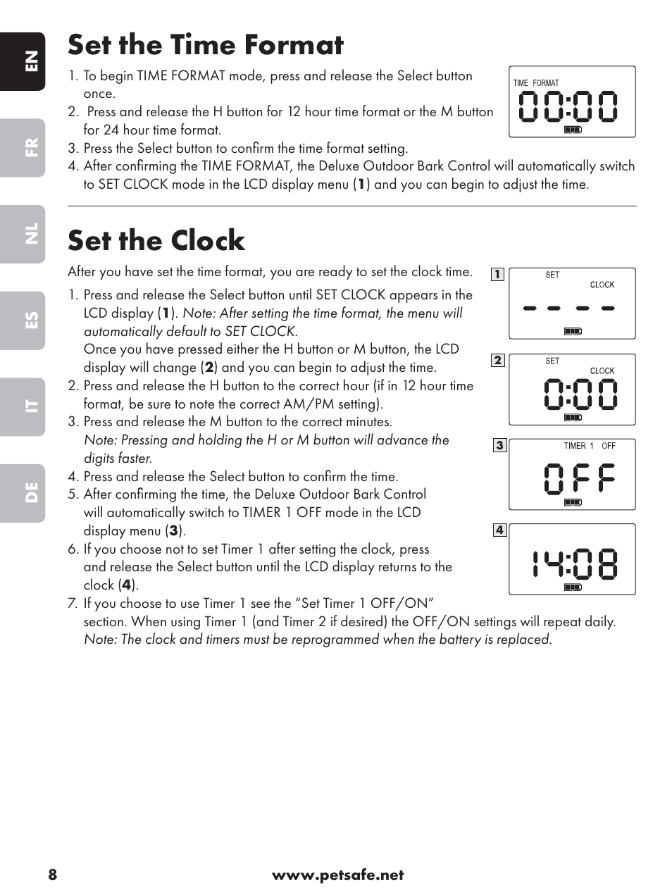 Set the time format, Set the clock | Petsafe Deluxe Outdoor Bark Control User Manual | Page 8 / 80