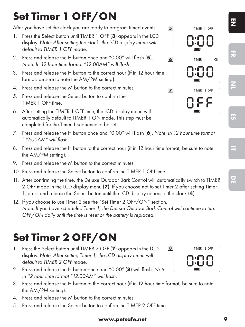 Set timer 1 off/on, Set timer 2 off/on | Petsafe Deluxe Outdoor Bark Control User Manual | Page 9 / 80