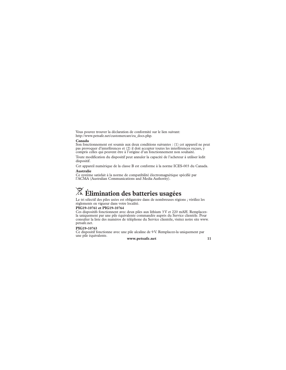 Élimination des batteries usagées | Petsafe Deluxe Ultralight™ Add-A-Dog® Extra Receiver Collar User Manual | Page 11 / 40