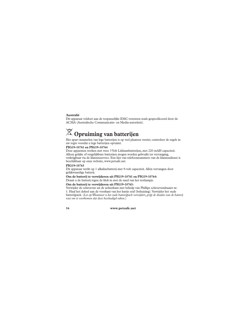 Opruiming van batterijen | Petsafe Deluxe Ultralight™ Add-A-Dog® Extra Receiver Collar User Manual | Page 16 / 40