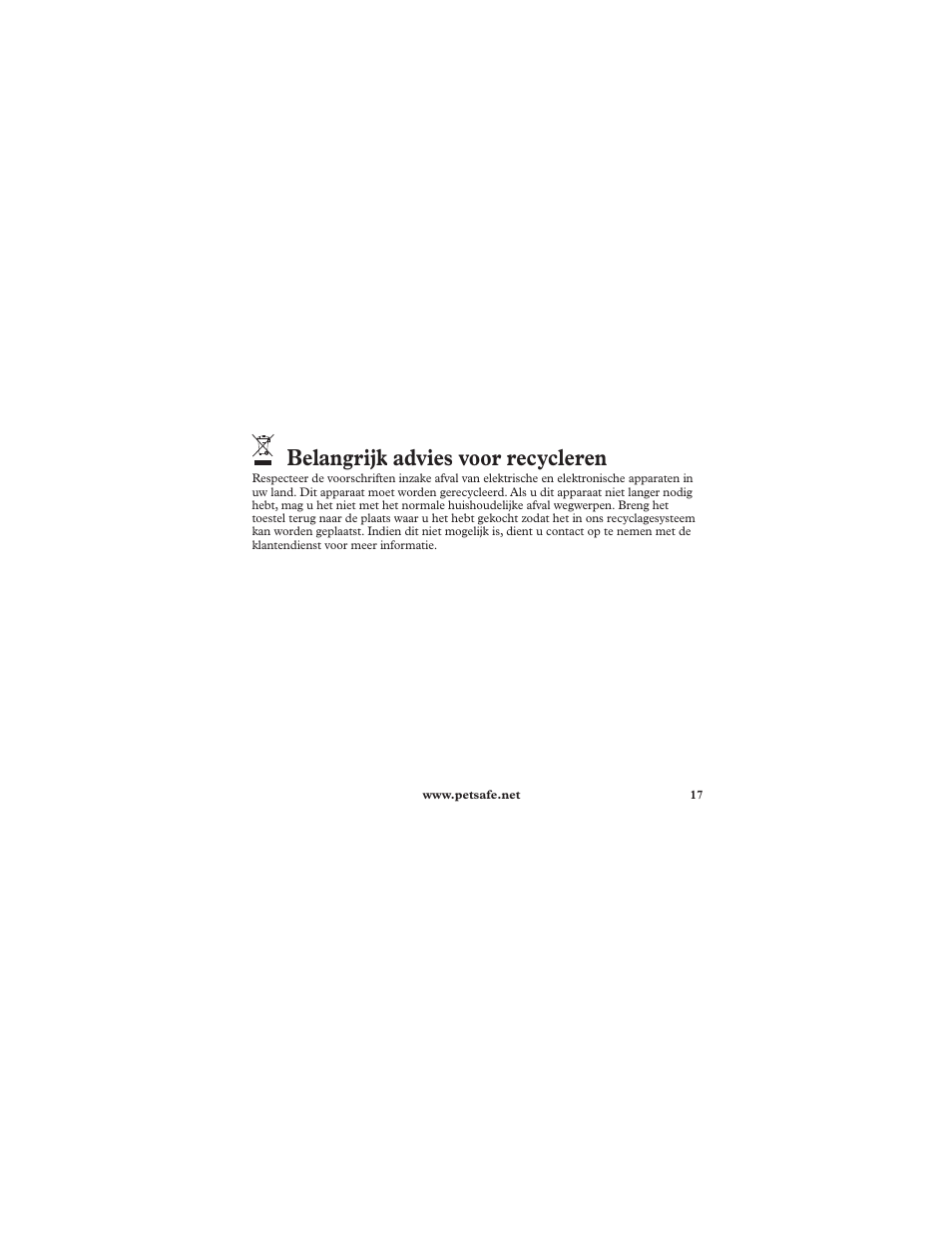 Belangrijk advies voor recycleren | Petsafe Deluxe Ultralight™ Add-A-Dog® Extra Receiver Collar User Manual | Page 17 / 40