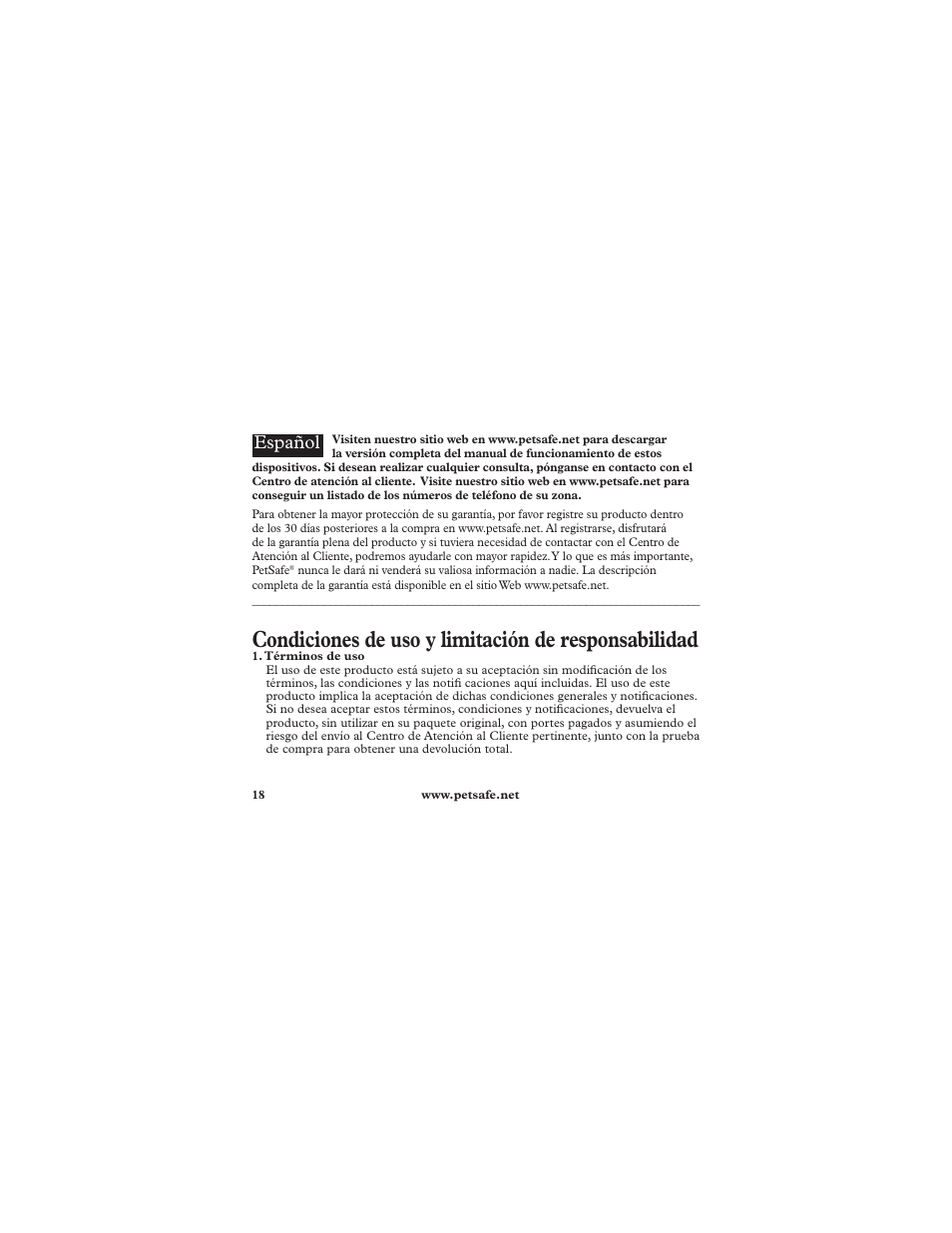 Condiciones de uso y limitación de responsabilidad, Español | Petsafe Deluxe Ultralight™ Add-A-Dog® Extra Receiver Collar User Manual | Page 18 / 40