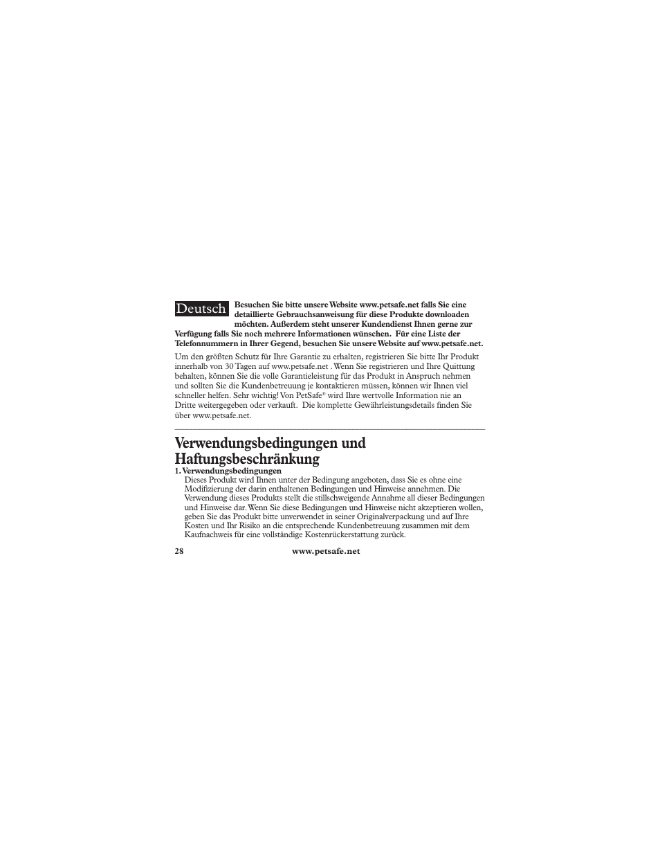 Verwendungsbedingungen und haftungsbeschränkung, Deutsch | Petsafe Deluxe Ultralight™ Add-A-Dog® Extra Receiver Collar User Manual | Page 28 / 40