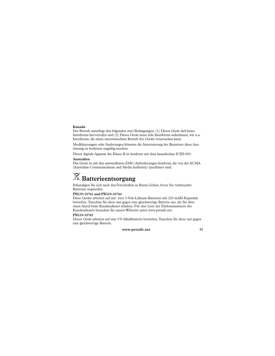 Batterieentsorgung | Petsafe Deluxe Ultralight™ Add-A-Dog® Extra Receiver Collar User Manual | Page 31 / 40