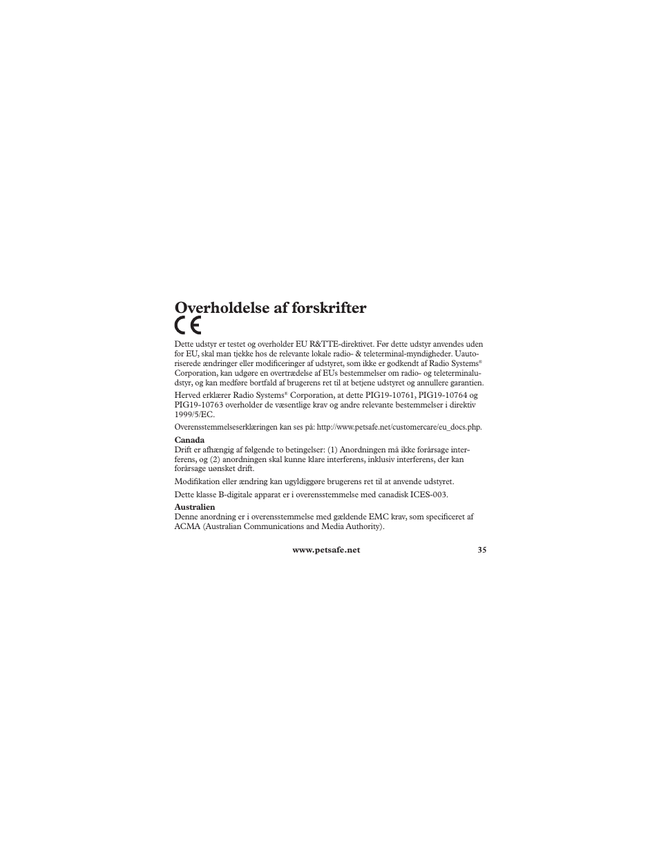 Overholdelse af forskrifter | Petsafe Deluxe Ultralight™ Add-A-Dog® Extra Receiver Collar User Manual | Page 35 / 40