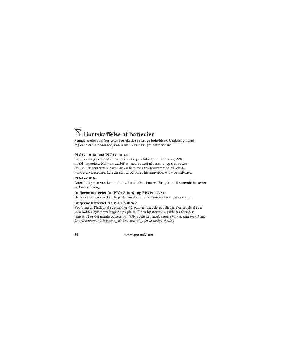 Bortskaffelse af batterier | Petsafe Deluxe Ultralight™ Add-A-Dog® Extra Receiver Collar User Manual | Page 36 / 40