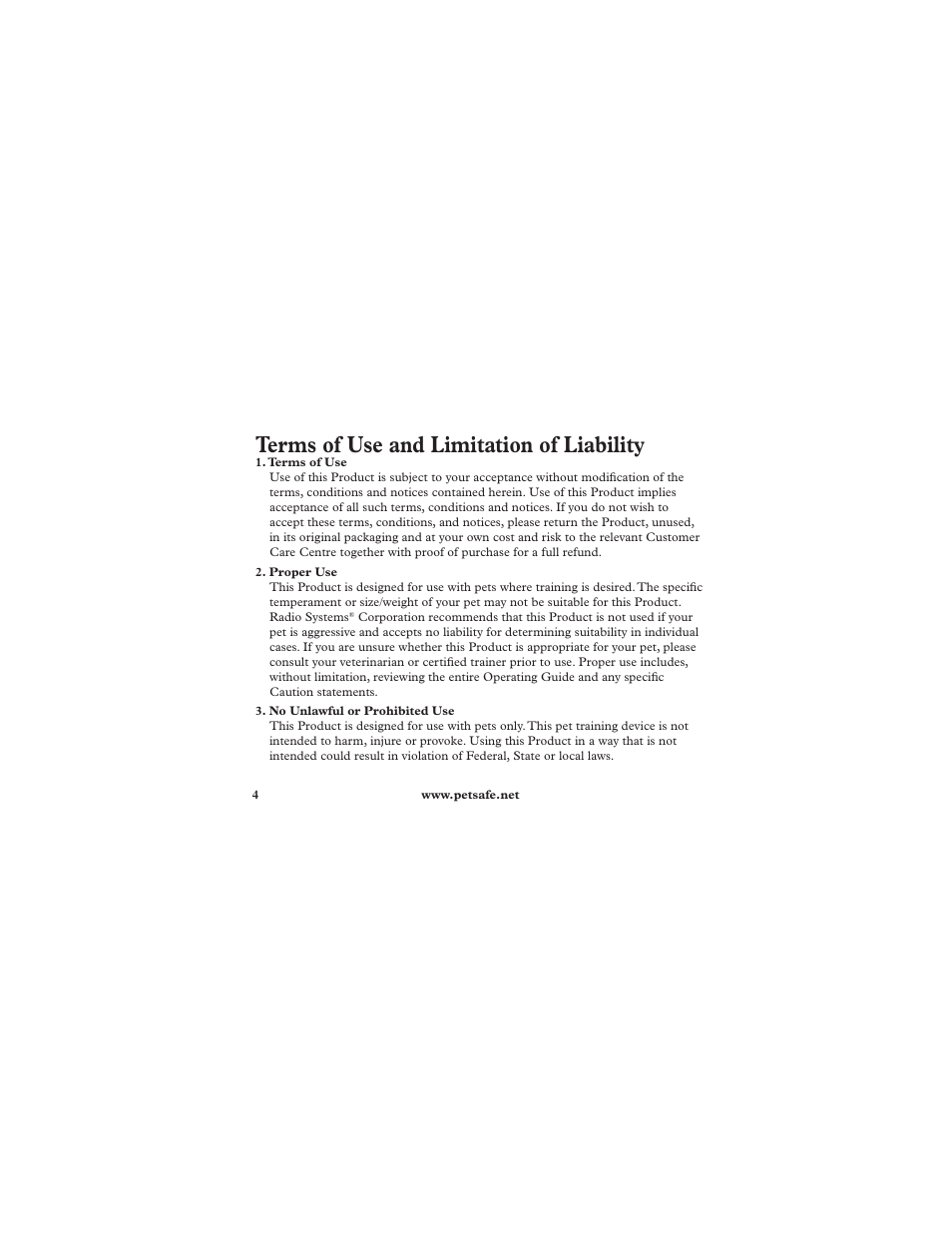 Terms of use and limitation of liability | Petsafe Deluxe Ultralight™ Add-A-Dog® Extra Receiver Collar User Manual | Page 4 / 40