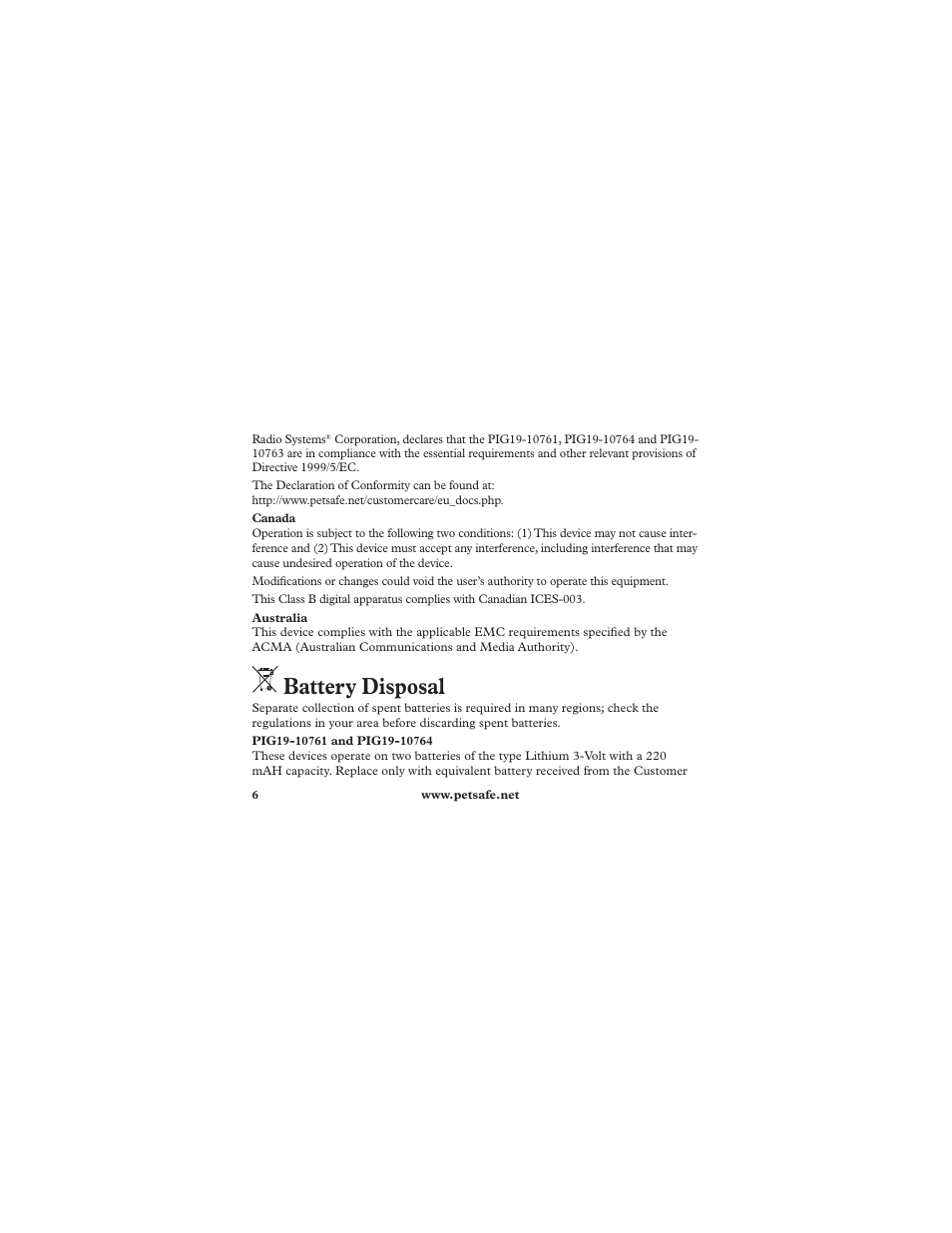Battery disposal | Petsafe Deluxe Ultralight™ Add-A-Dog® Extra Receiver Collar User Manual | Page 6 / 40