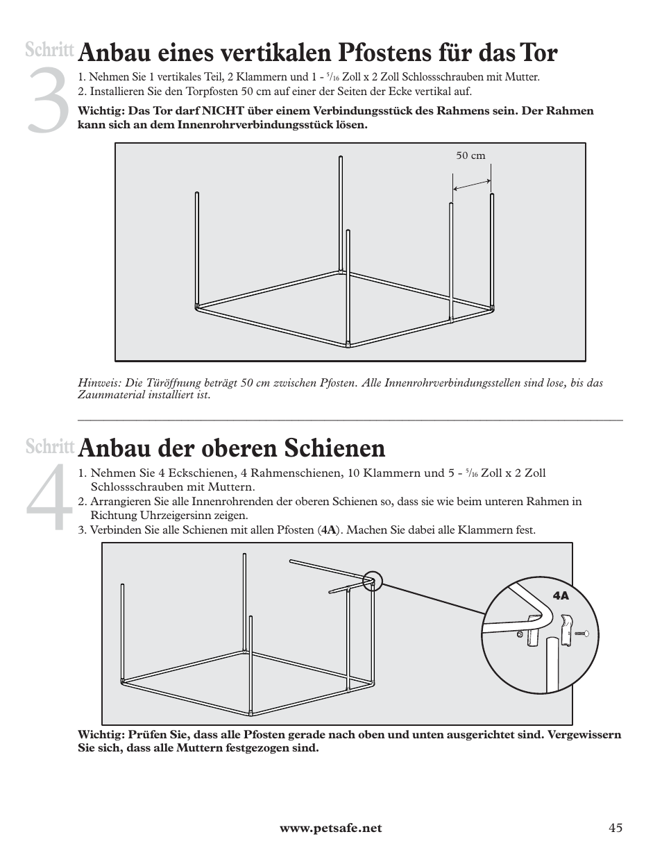 Anbau eines vertikalen pfostens für das tor, Anbau der oberen schienen, Schritt | Petsafe DIY Dog Kennel - 2.29 m (W) x 2.29 m (D) x 1.22 m (H) User Manual | Page 45 / 52