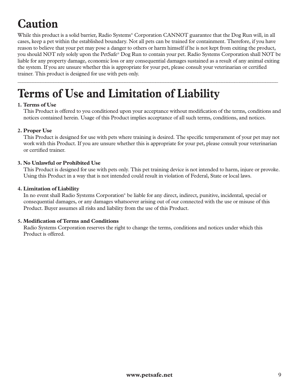 Caution, Terms of use and limitation of liability | Petsafe DIY Dog Kennel - 2.29 m (W) x 2.29 m (D) x 1.22 m (H) User Manual | Page 9 / 52