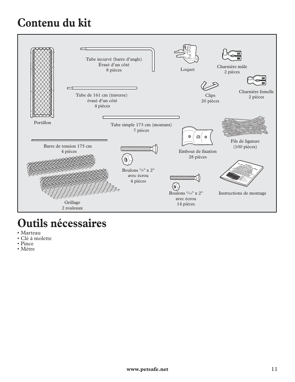 Contenu du kit, Outils nécessaires | Petsafe DIY Dog Kennel - 2.29 m (W) x 3.96 m (D) x 1.83 m (H) User Manual | Page 11 / 52