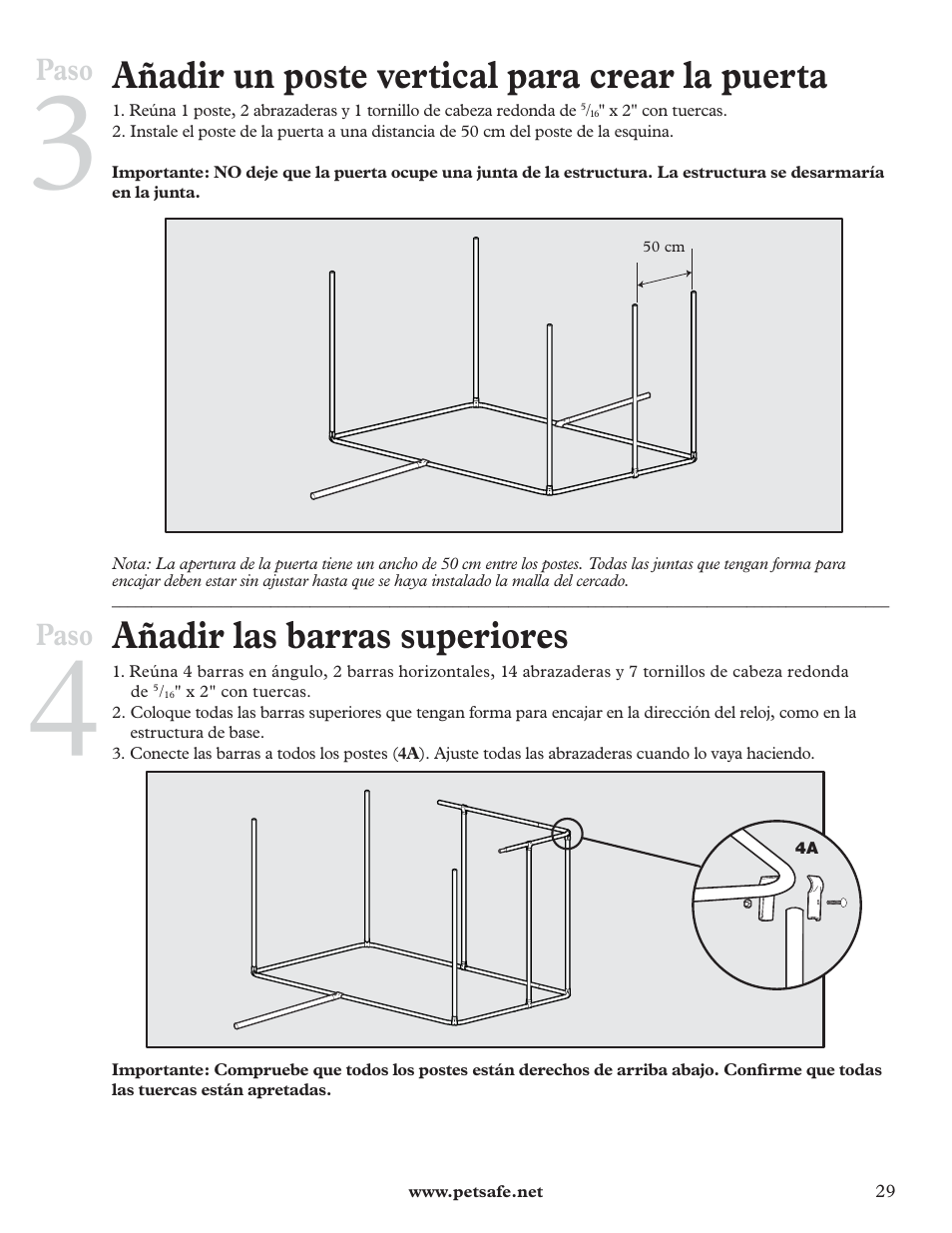 Añadir un poste vertical para crear la puerta, Añadir las barras superiores, Paso | Petsafe DIY Dog Kennel - 2.29 m (W) x 3.96 m (D) x 1.83 m (H) User Manual | Page 29 / 52