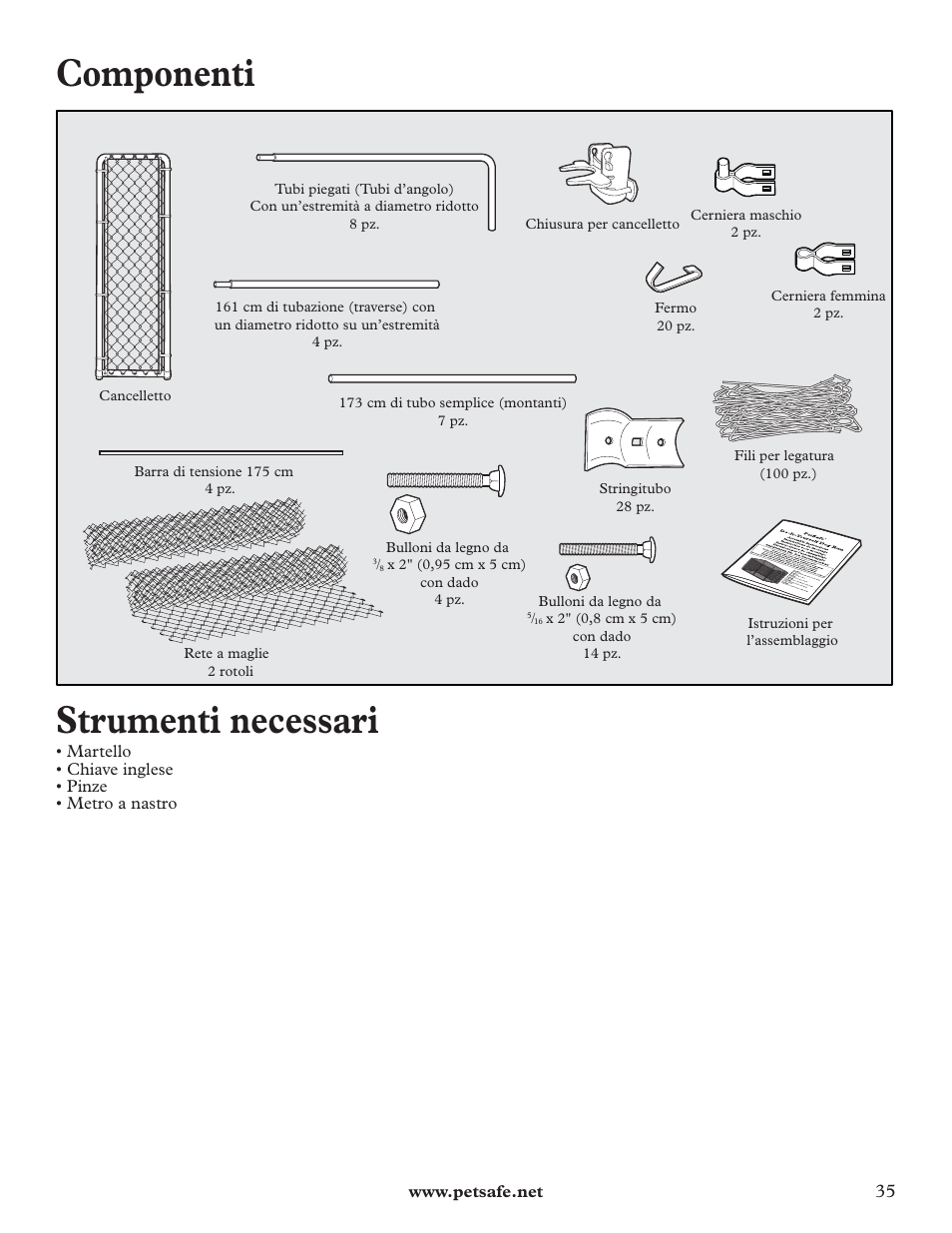 Componenti, Strumenti necessari | Petsafe DIY Dog Kennel - 2.29 m (W) x 3.96 m (D) x 1.83 m (H) User Manual | Page 35 / 52