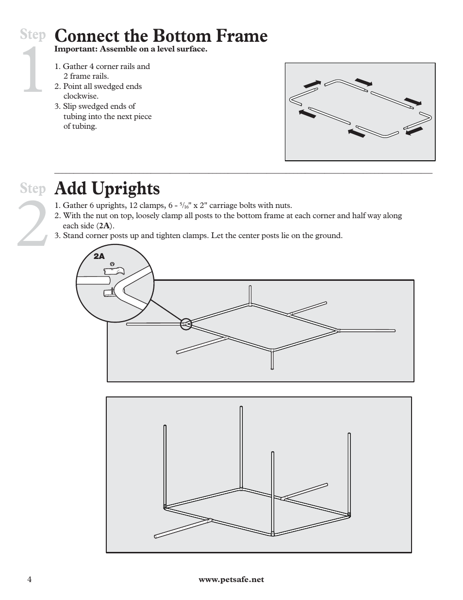 Connect the bottom frame, Add uprights | Petsafe DIY Dog Kennel - 2.29 m (W) x 3.96 m (D) x 1.83 m (H) User Manual | Page 4 / 52