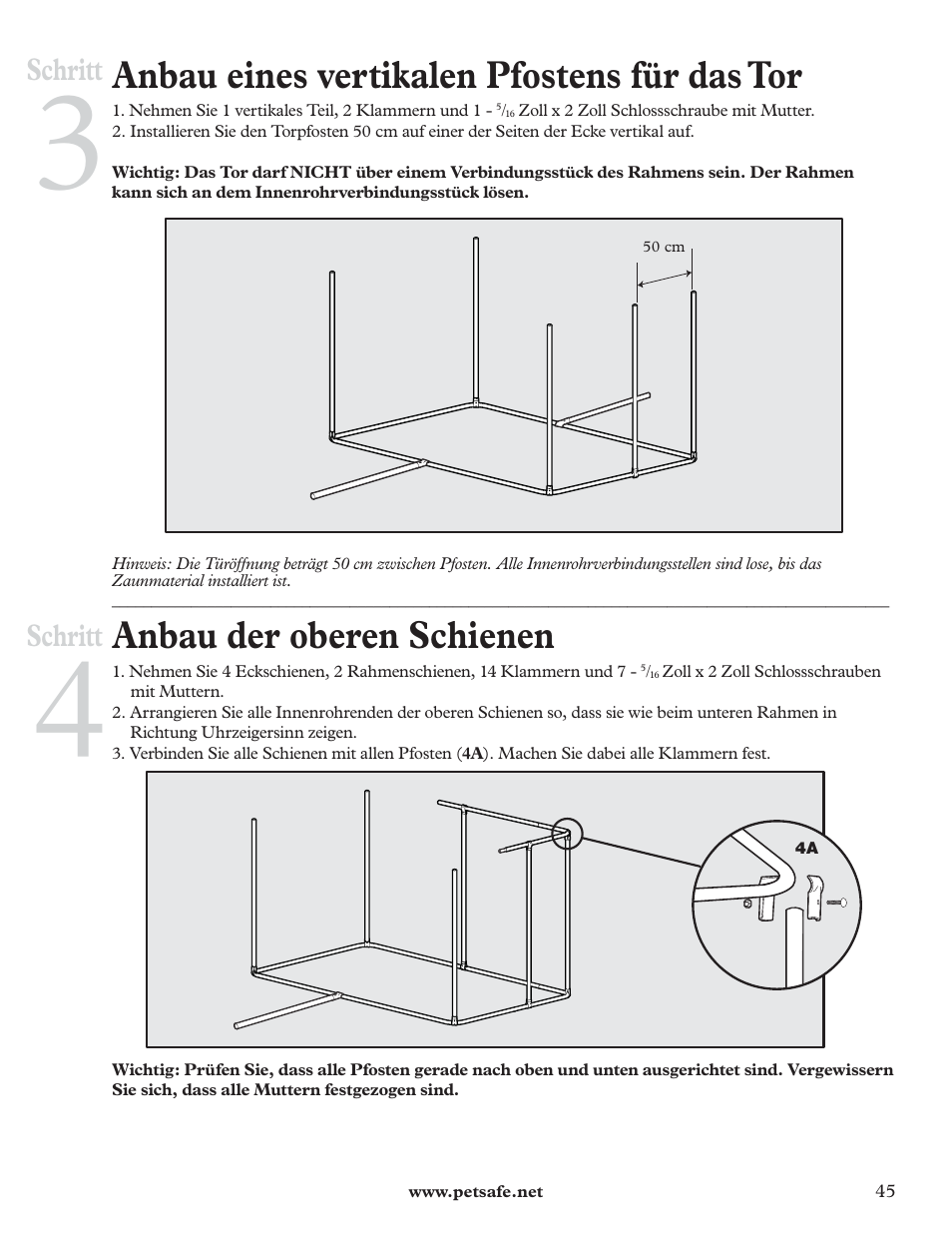 Anbau eines vertikalen pfostens für das tor, Anbau der oberen schienen, Schritt | Petsafe DIY Dog Kennel - 2.29 m (W) x 3.96 m (D) x 1.83 m (H) User Manual | Page 45 / 52