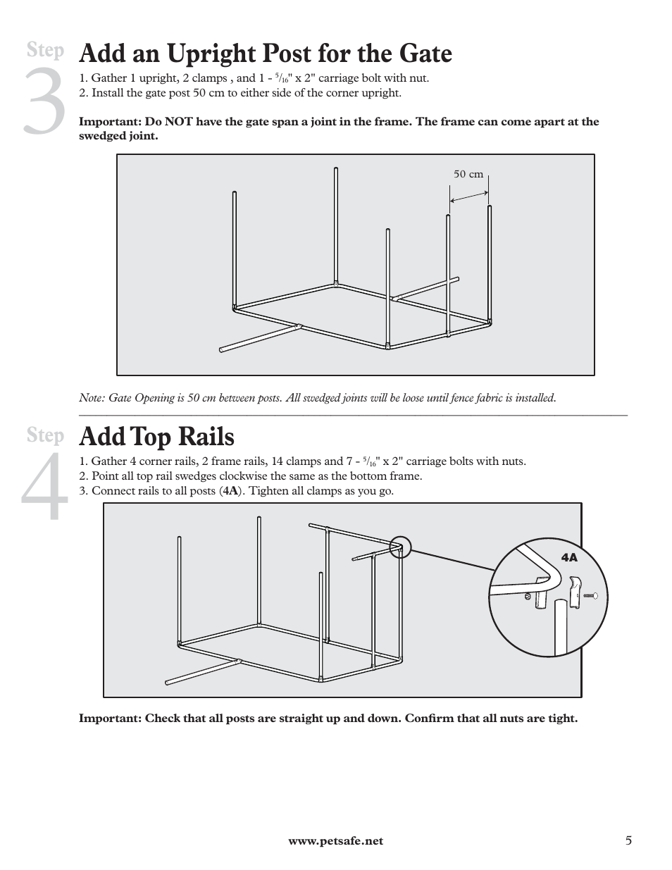 Add an upright post for the gate, Add top rails, Step | Petsafe DIY Dog Kennel - 2.29 m (W) x 3.96 m (D) x 1.83 m (H) User Manual | Page 5 / 52