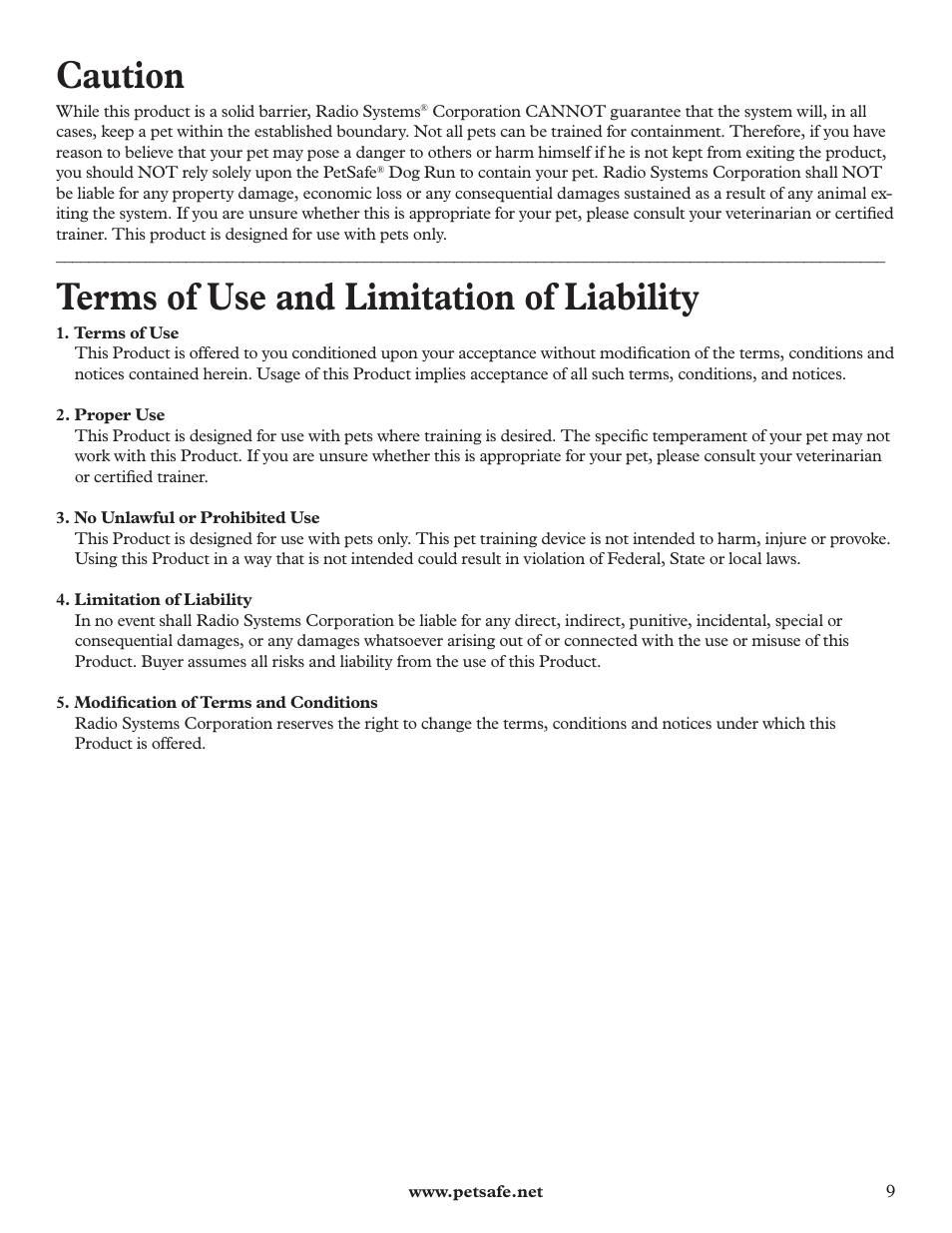 Caution, Terms of use and limitation of liability | Petsafe DIY Dog Kennel - 2.29 m (W) x 3.96 m (D) x 1.83 m (H) User Manual | Page 9 / 52