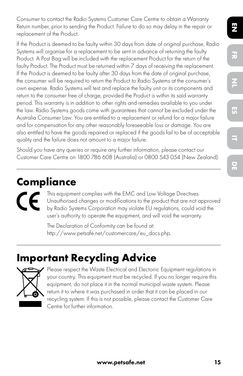 Compliance, Important recycling advice | Petsafe Drinkwell® 360 Stainless Steel Pet Fountain User Manual | Page 15 / 88