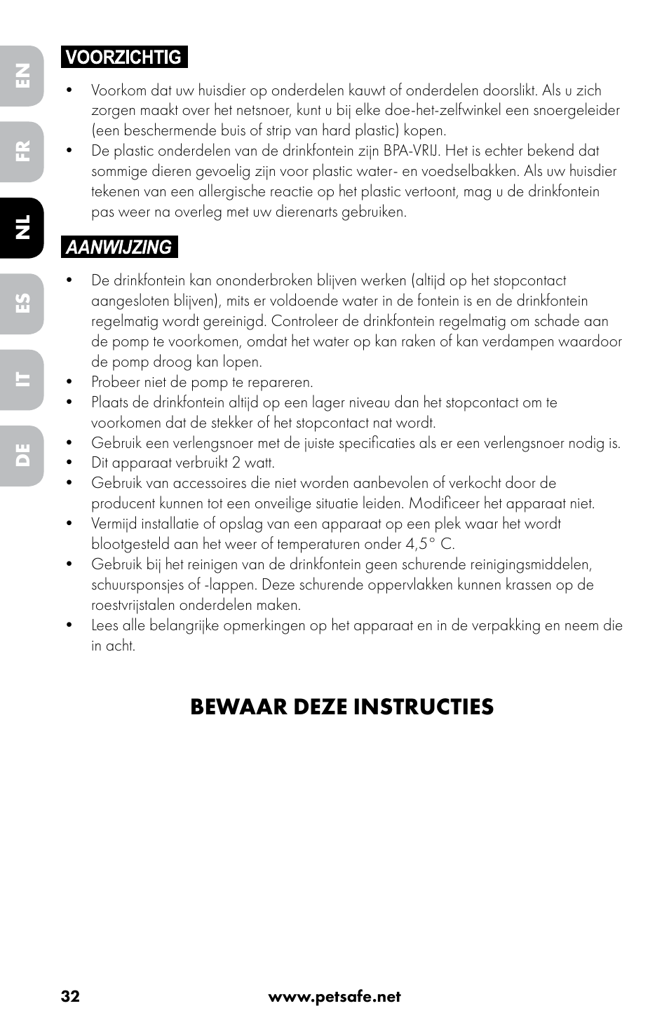 Bewaar deze instructies | Petsafe Drinkwell® 360 Stainless Steel Pet Fountain User Manual | Page 32 / 88