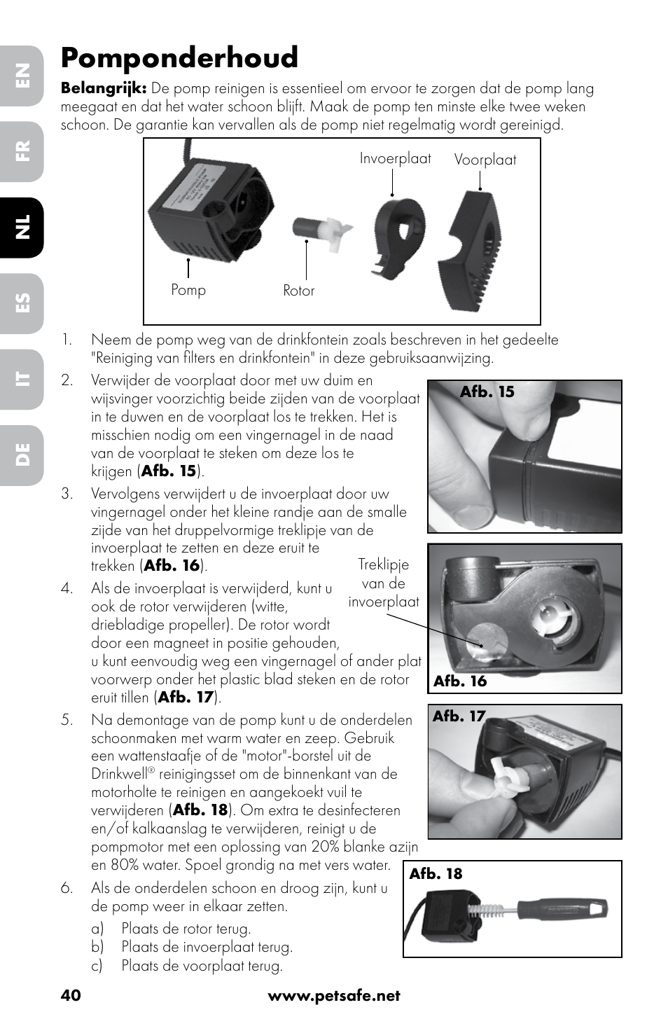 Pomponderhoud, En nl it fr es de | Petsafe Drinkwell® 360 Stainless Steel Pet Fountain User Manual | Page 40 / 88