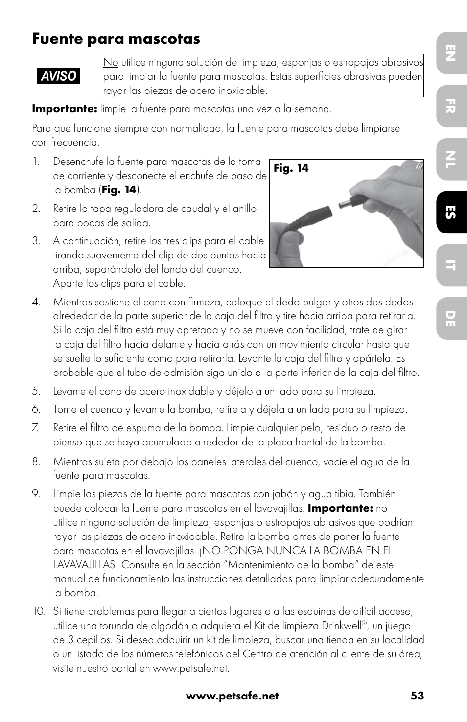 Fuente para mascotas, Fr es de en nl it | Petsafe Drinkwell® 360 Stainless Steel Pet Fountain User Manual | Page 53 / 88