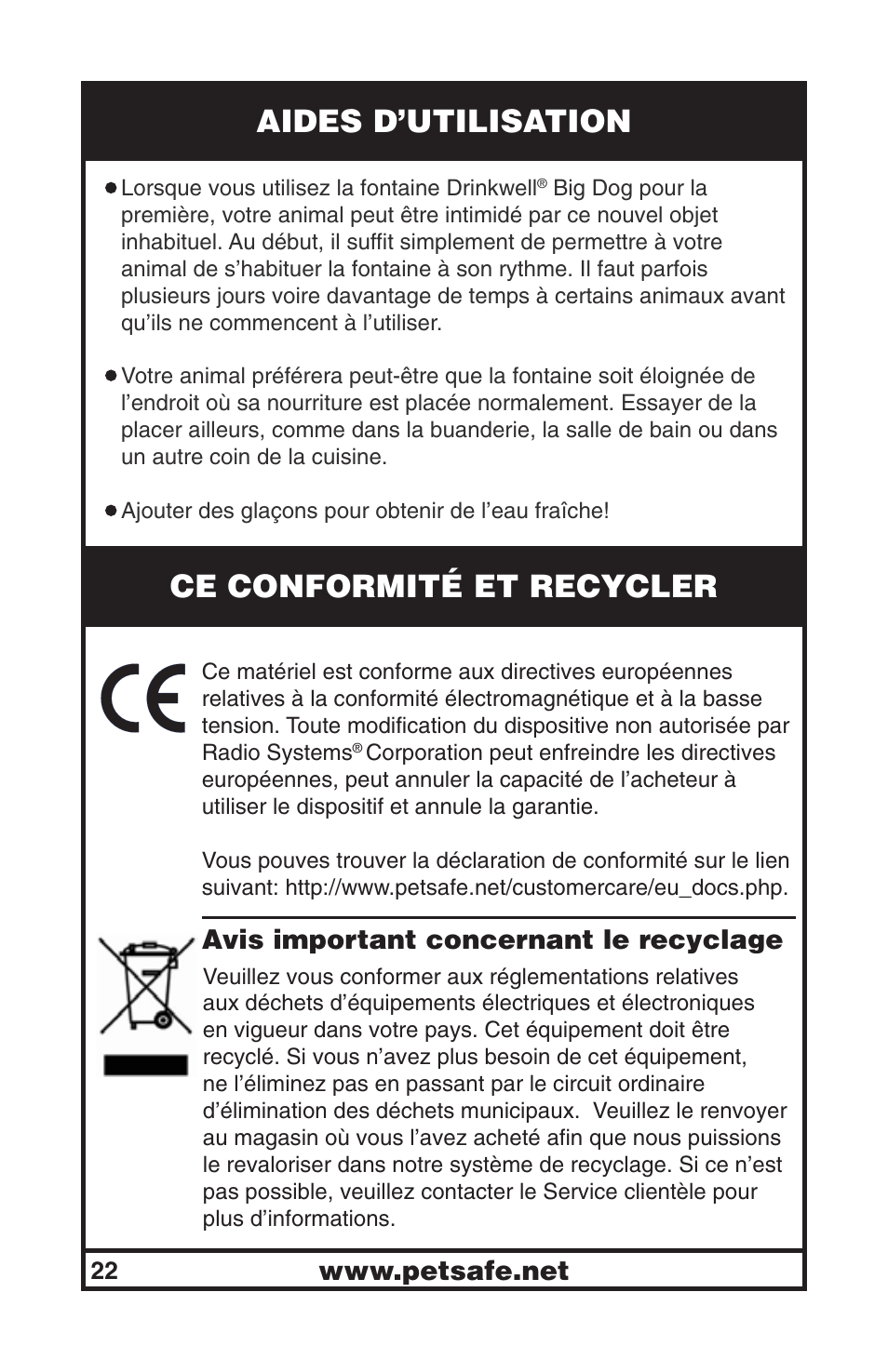 Aides d’utilisation, Ce conformité et recycler | Petsafe Drinkwell® Big Dog Pet Fountain User Manual | Page 22 / 67