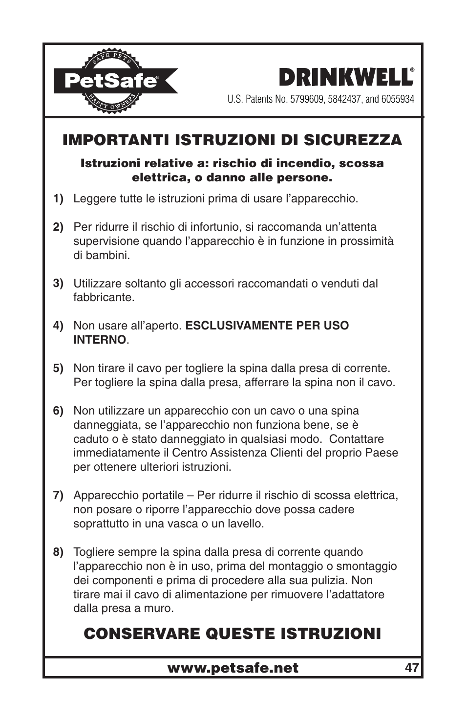 Importanti istruzioni di sicurezza, Conservare queste istruzioni | Petsafe Drinkwell® Big Dog Pet Fountain User Manual | Page 47 / 67