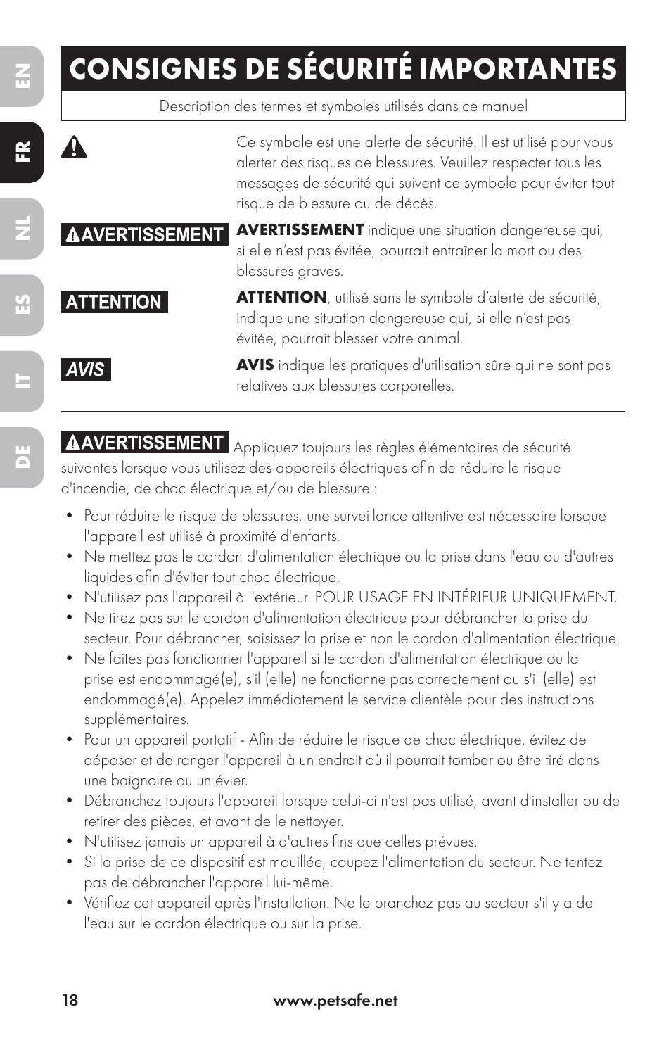 Consignes de sécurité importantes | Petsafe Drinkwell® Ceramic Avalon Pet Fountain User Manual | Page 18 / 96