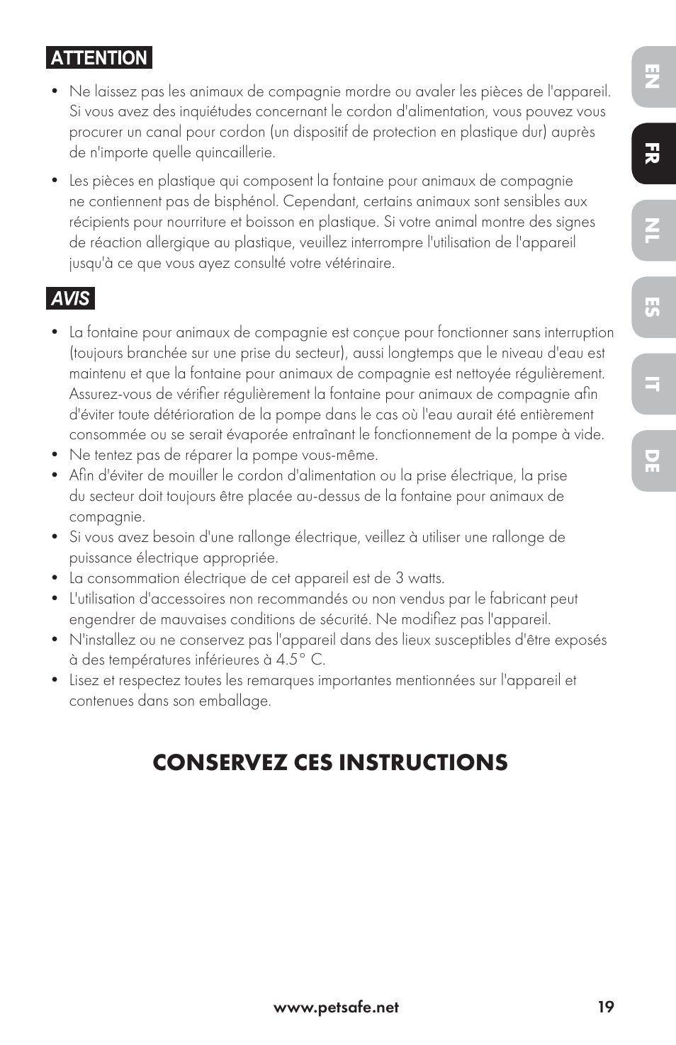 Conservez ces instructions | Petsafe Drinkwell® Ceramic Avalon Pet Fountain User Manual | Page 19 / 96