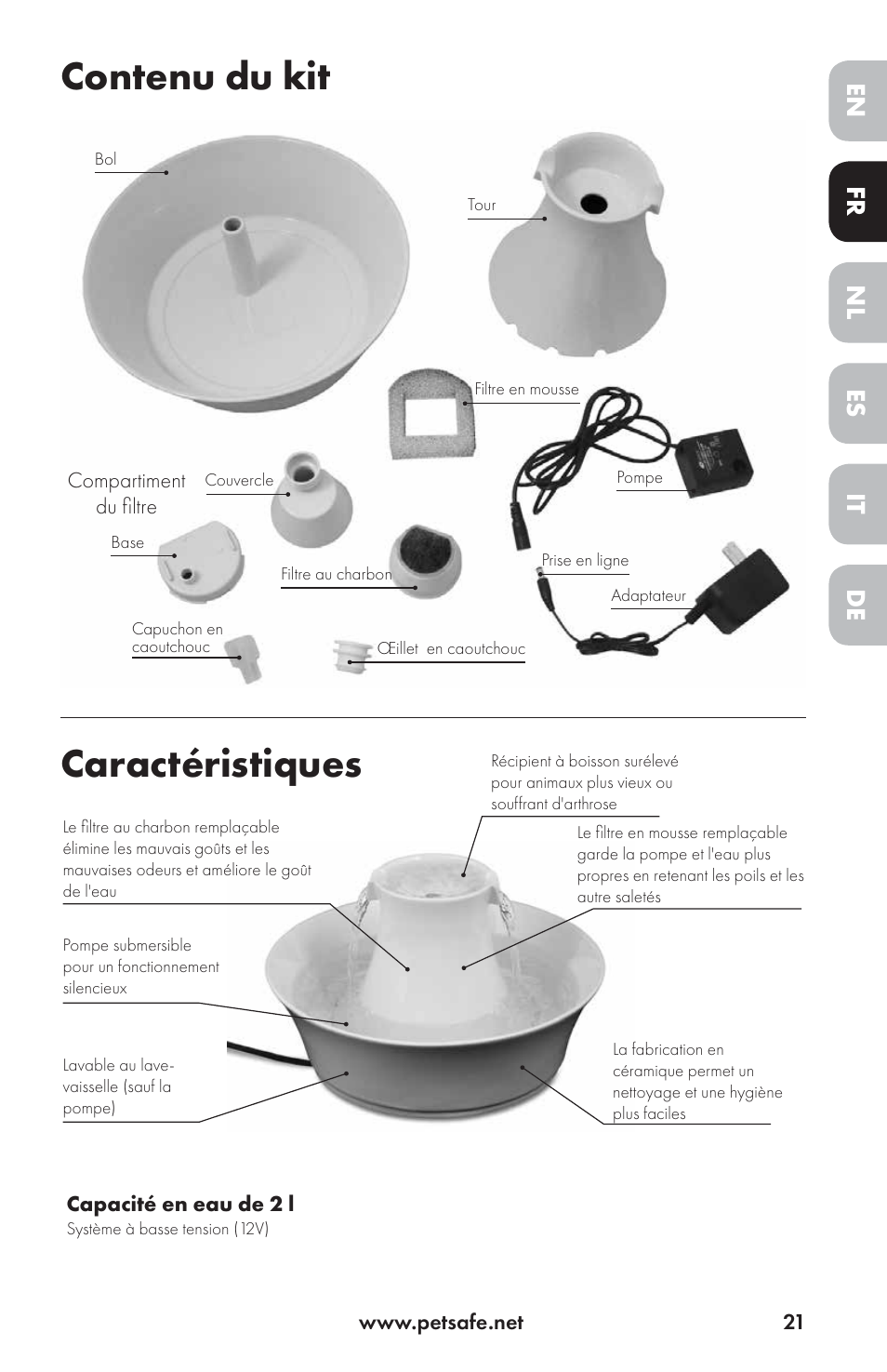 Contenu du kit caractéristiques, Fr it nl de en es | Petsafe Drinkwell® Ceramic Avalon Pet Fountain User Manual | Page 21 / 96