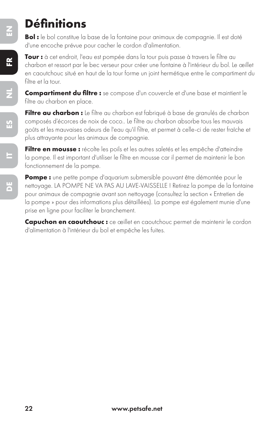 Définitions | Petsafe Drinkwell® Ceramic Avalon Pet Fountain User Manual | Page 22 / 96