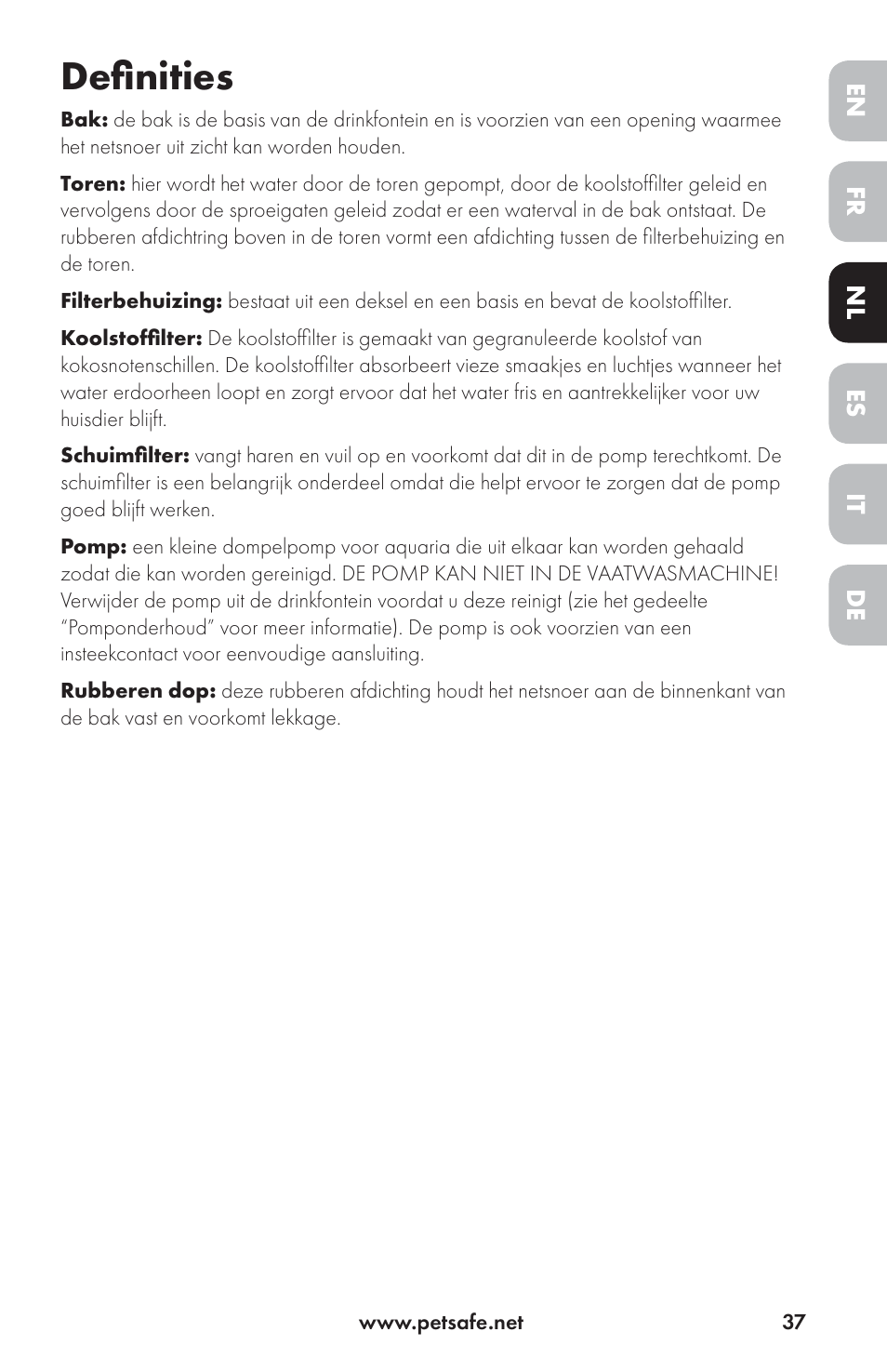 Definities | Petsafe Drinkwell® Ceramic Avalon Pet Fountain User Manual | Page 37 / 96