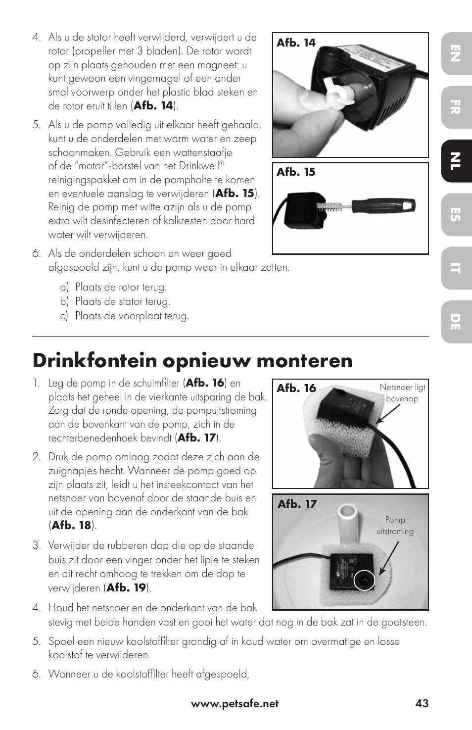 Drinkfontein opnieuw monteren, Fr it nl de en es | Petsafe Drinkwell® Ceramic Avalon Pet Fountain User Manual | Page 43 / 96