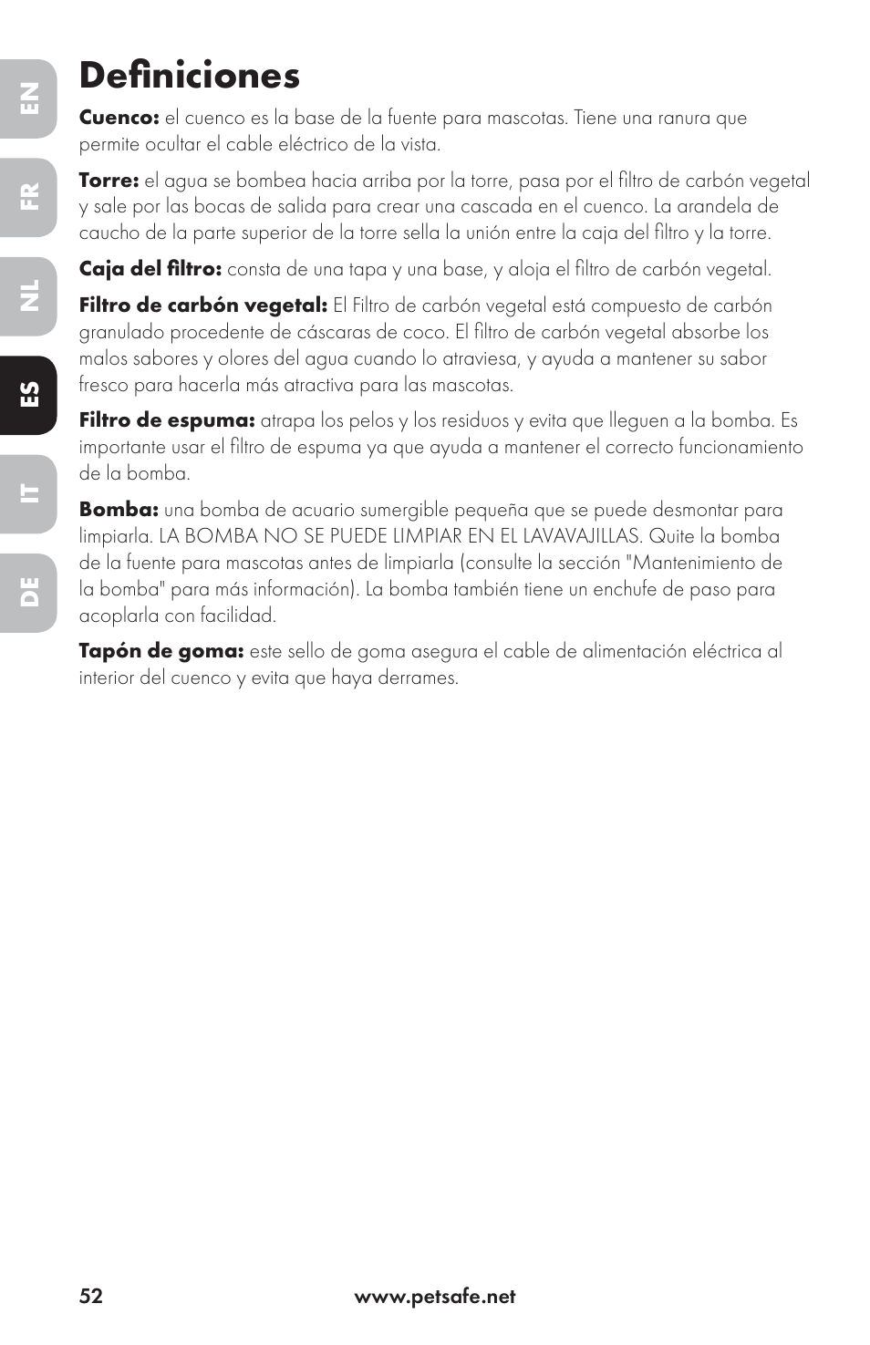 Definiciones | Petsafe Drinkwell® Ceramic Avalon Pet Fountain User Manual | Page 52 / 96