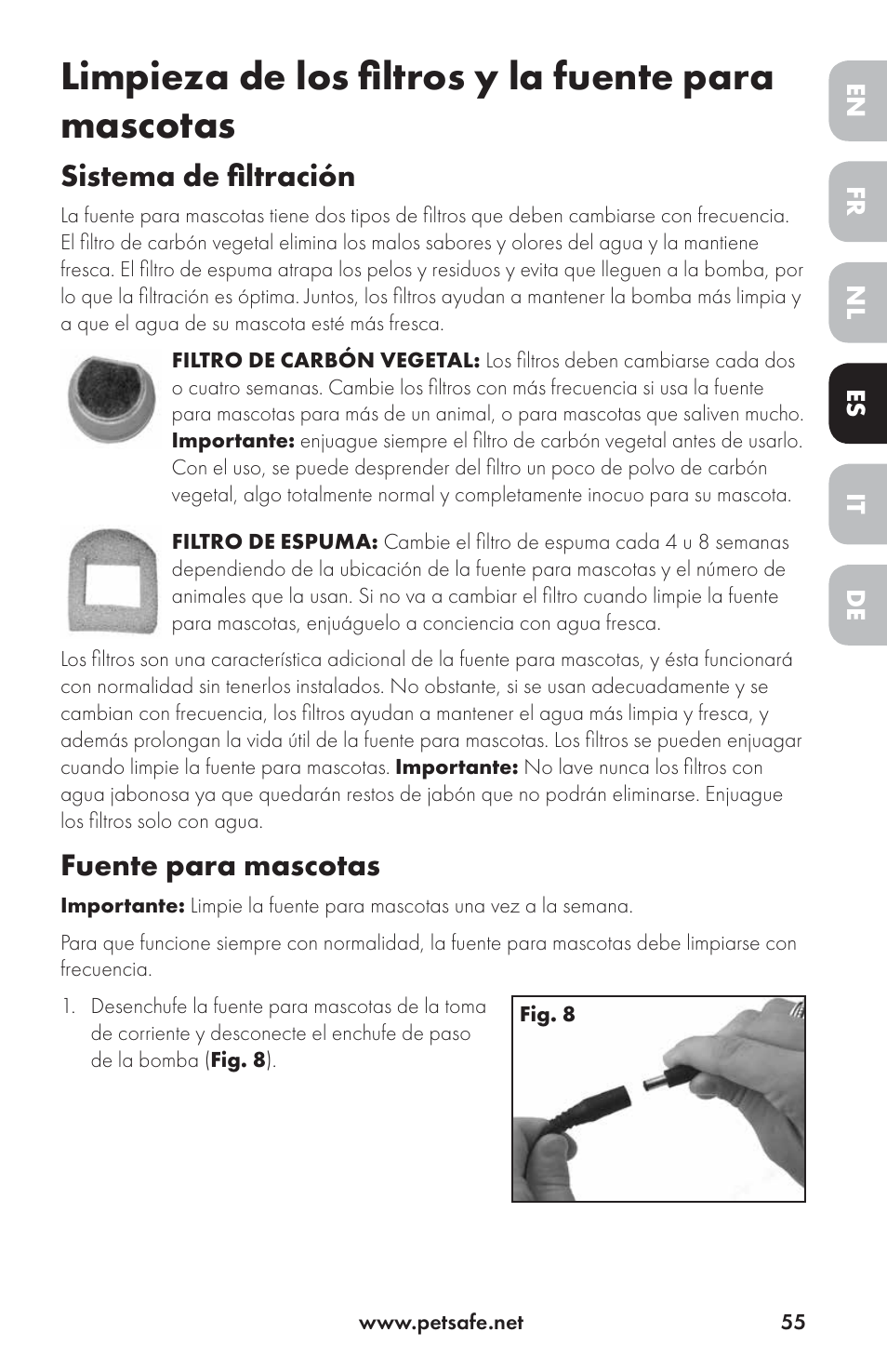 Limpieza de los filtros y la fuente para mascotas, Sistema de filtración, Fuente para mascotas | Petsafe Drinkwell® Ceramic Avalon Pet Fountain User Manual | Page 55 / 96