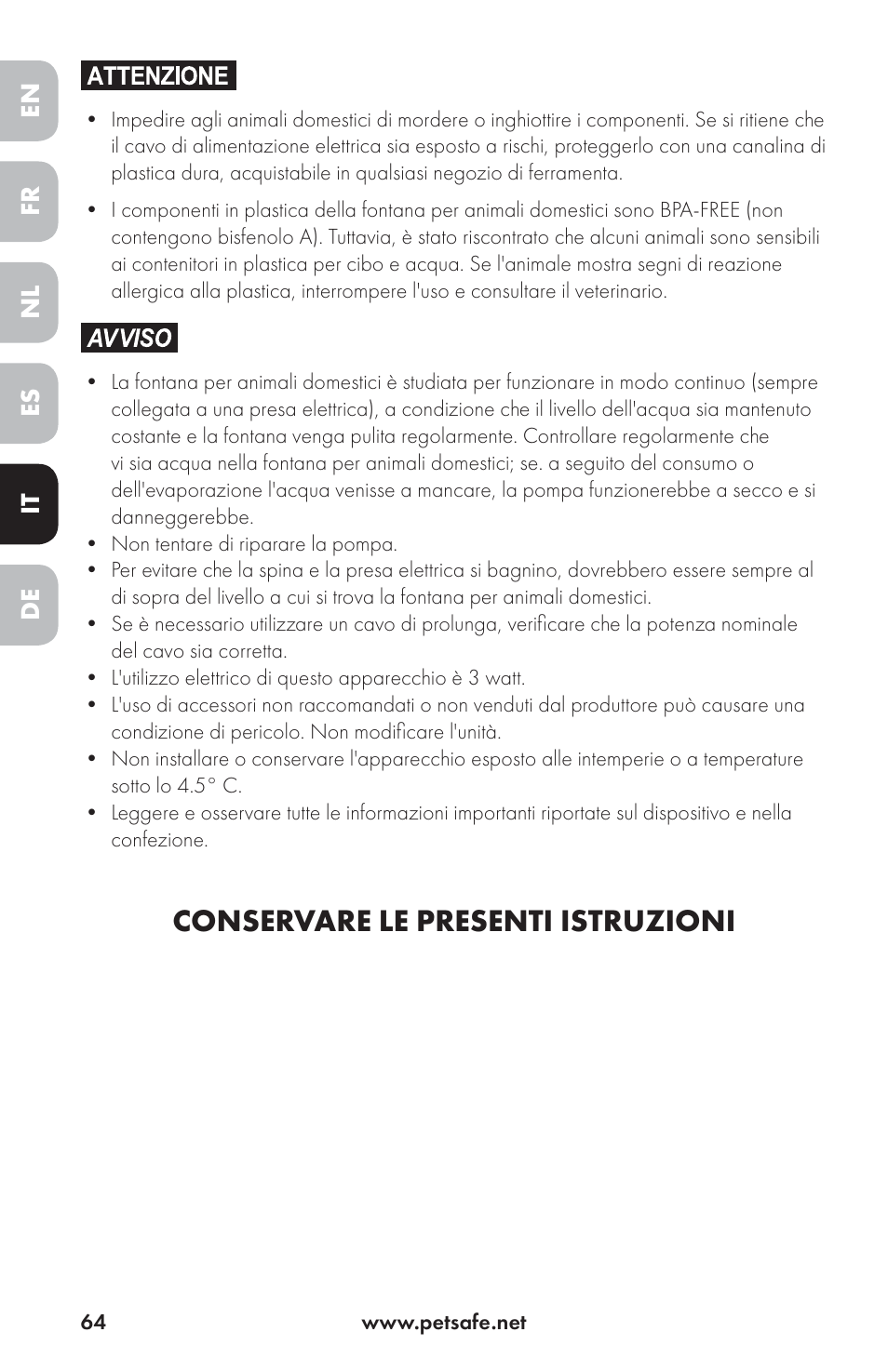 Conservare le presenti istruzioni | Petsafe Drinkwell® Ceramic Avalon Pet Fountain User Manual | Page 64 / 96
