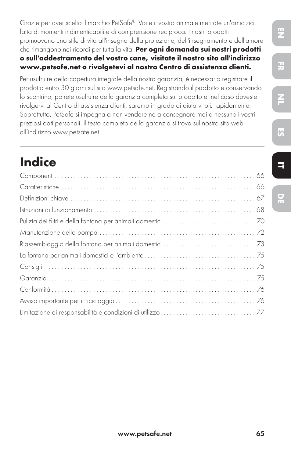 Indice | Petsafe Drinkwell® Ceramic Avalon Pet Fountain User Manual | Page 65 / 96