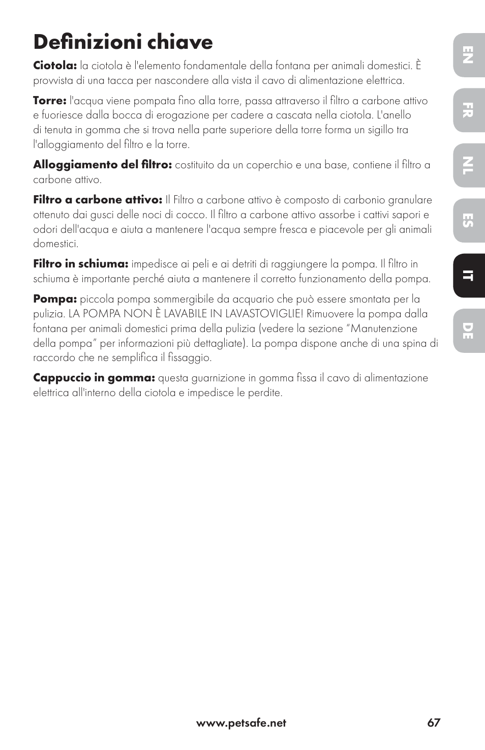 Definizioni chiave | Petsafe Drinkwell® Ceramic Avalon Pet Fountain User Manual | Page 67 / 96
