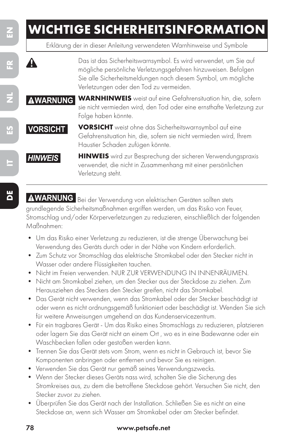 Wichtige sicherheitsinformation | Petsafe Drinkwell® Ceramic Avalon Pet Fountain User Manual | Page 78 / 96