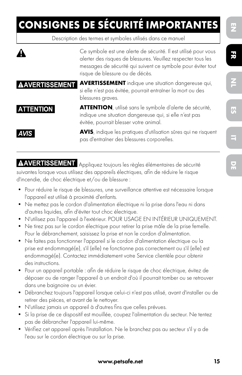 Consignes de sécurité importantes | Petsafe Drinkwell® Original Pet Fountain User Manual | Page 15 / 76