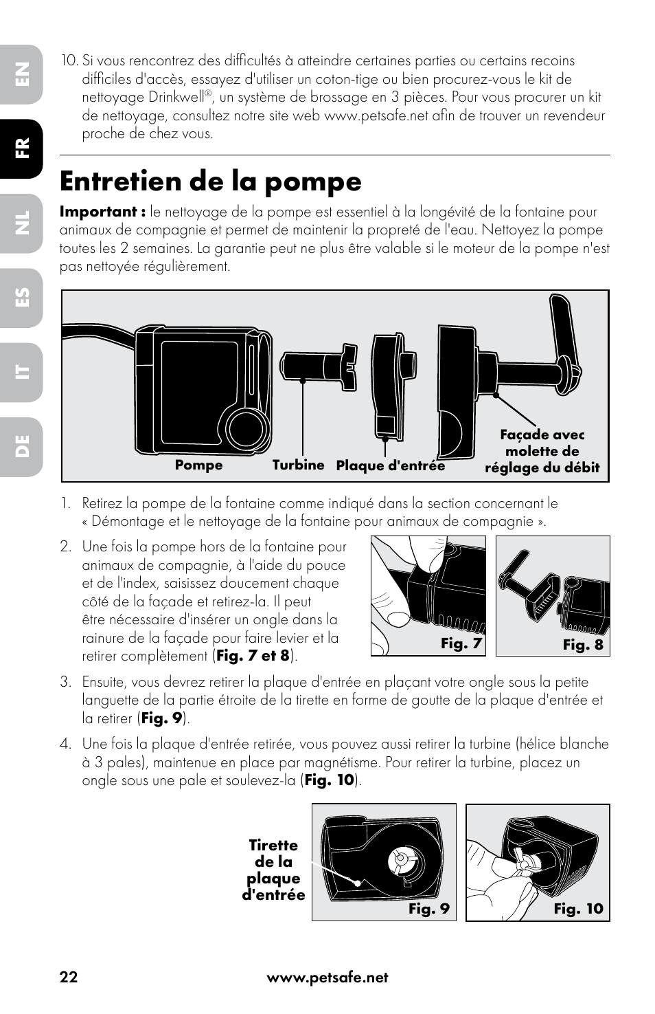 Entretien de la pompe, En es fr it nl de | Petsafe Drinkwell® Original Pet Fountain User Manual | Page 22 / 76