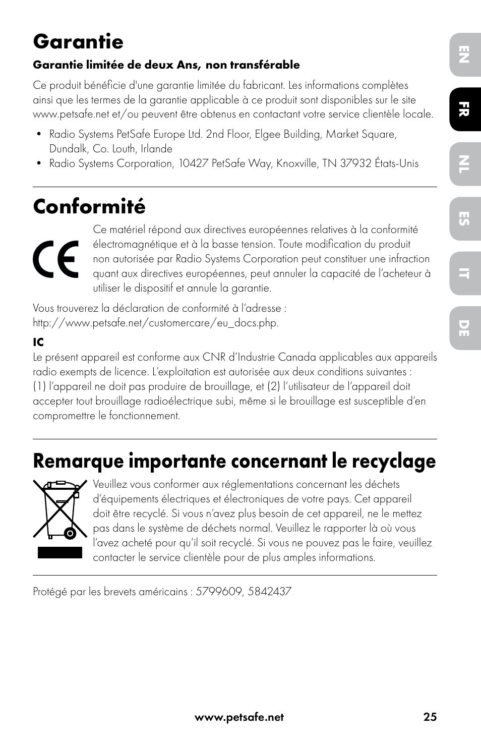 Garantie, Conformité, Remarque importante concernant le recyclage | Petsafe Drinkwell® Original Pet Fountain User Manual | Page 25 / 76